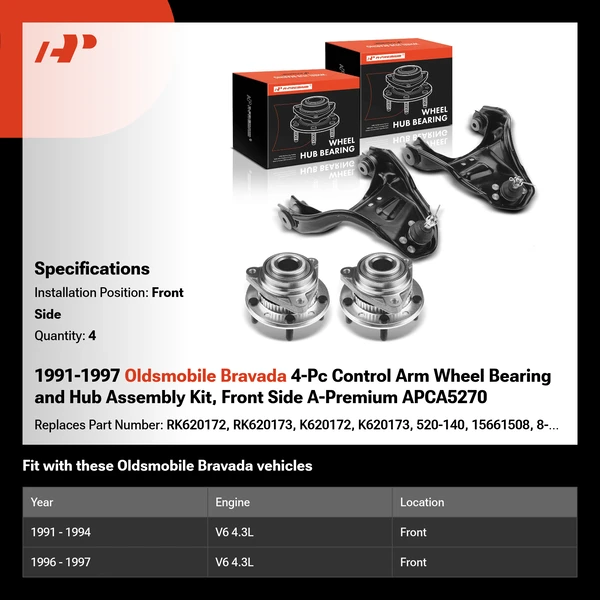 1991-1997 Oldsmobile Bravada 4-Pc Control Arm Wheel Bearing and Hub Assembly Kit, Front Side A-Premium APCA5270