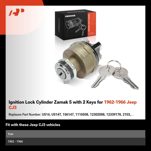 Ignition Lock Cylinder Zamak 5 with 2 Keys for 1962-1966 Jeep CJ3