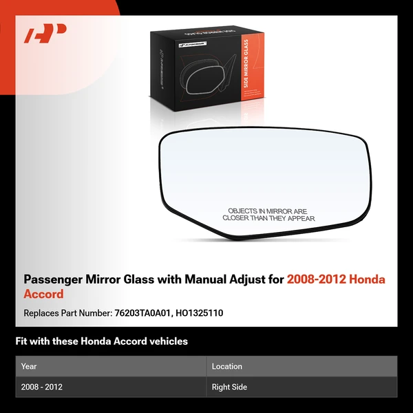 Passenger Mirror Glass with Manual Adjust for 2008-2012 Honda Accord