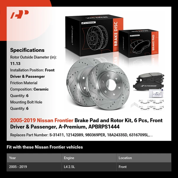 2005-2019 Nissan Frontier Brake Pad and Rotor Kit, 6 Pcs, Front Driver & Passenger, A-Premium, APBRPS1444