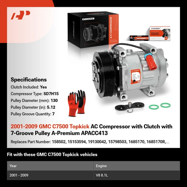 2001-2009 GMC C7500 Topkick AC Compressor with Clutch with 7-Groove Pulley A-Premium APACC413