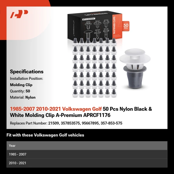 1985-2007 2010-2021 Volkswagen Golf 50 Pcs Nylon Black & White Molding Clip A-Premium APRCF1176
