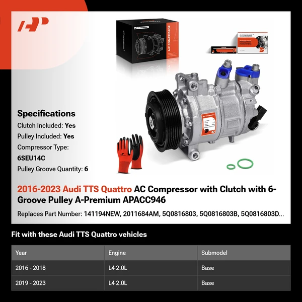 2016-2023 Audi TTS Quattro AC Compressor with Clutch with 6-Groove Pulley A-Premium APACC946