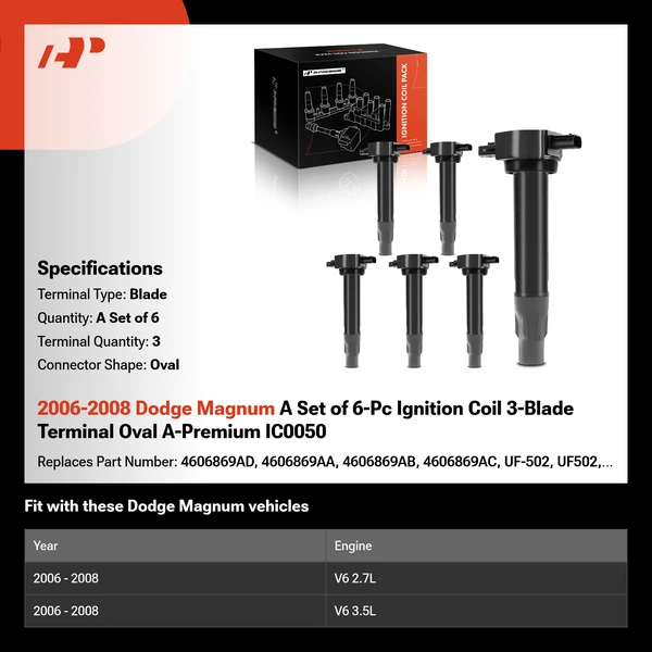 2006-2008 Dodge Magnum A Set of 6-Pc Ignition Coil 3-Blade Terminal Oval A-Premium IC0050