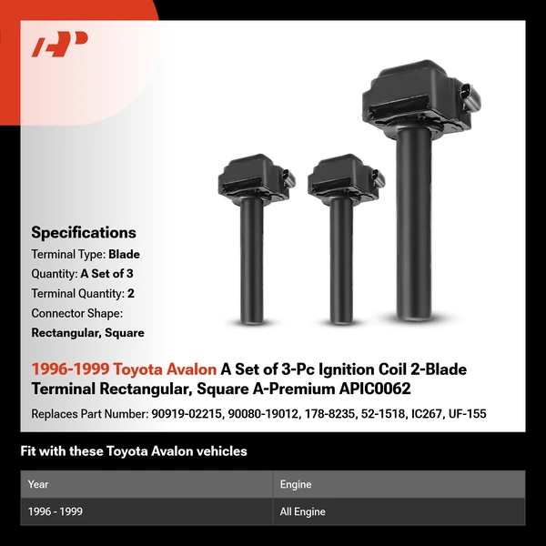 1996-1999 Toyota Avalon A Set of 3-Pc Ignition Coil 2-Blade Terminal Rectangular, Square A-Premium APIC0062