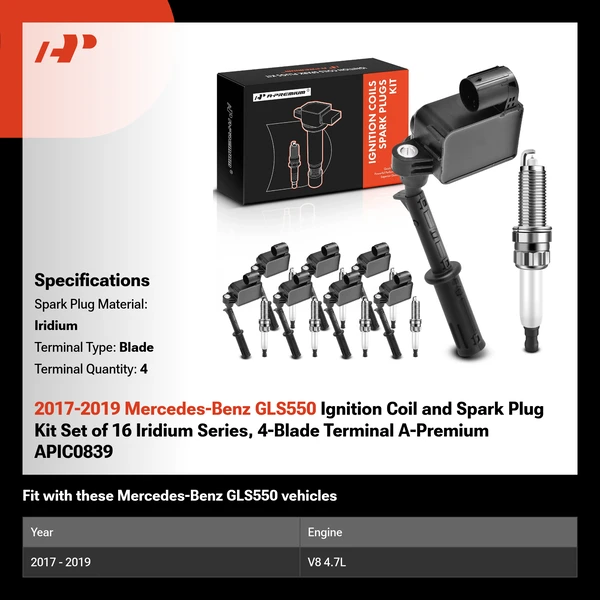 2017-2019 Mercedes-Benz GLS550 Ignition Coil and Spark Plug Kit Set of 16 Iridium Series, 4-Blade Terminal A-Premium APIC0839