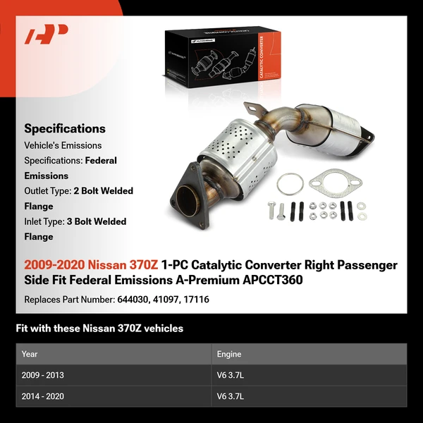 2009-2020 Nissan 370Z 1-PC Catalytic Converter Right Passenger Side Fit Federal Emissions A-Premium APCCT360