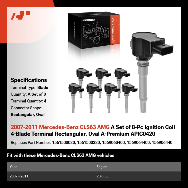 2007-2011 Mercedes-Benz CLS63 AMG A Set of 8-Pc Ignition Coil 4-Blade Terminal Rectangular, Oval A-Premium APIC0420