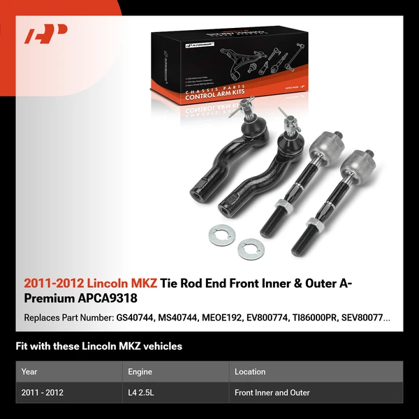 2011-2012 Lincoln MKZ Tie Rod End Front Inner & Outer A-Premium APCA9318