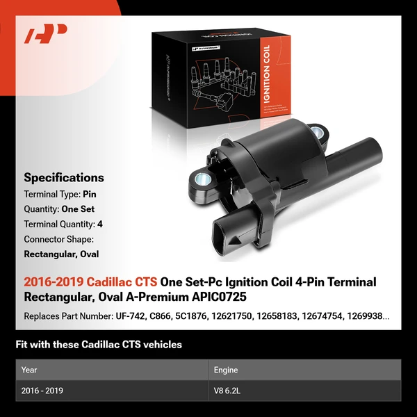 2016-2019 Cadillac CTS One Set-Pc Ignition Coil 4-Pin Terminal Rectangular, Oval A-Premium APIC0725
