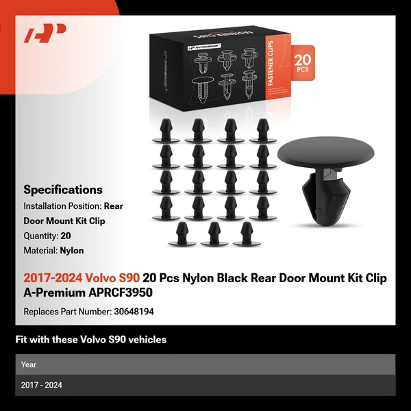 2017-2024 Volvo S90 20 Pcs Nylon Black Rear Door Mount Kit Clip A-Premium APRCF3950