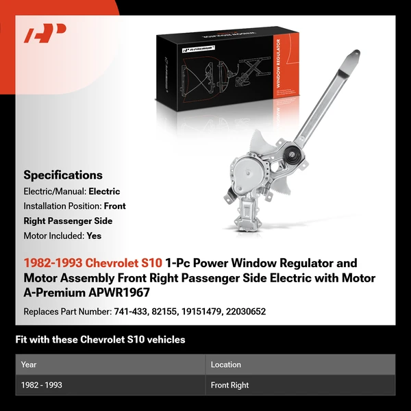 1982-1993 Chevrolet S10 1-Pc Power Window Regulator and Motor Assembly Front Right Passenger Side Electric with Motor A-Premium APWR1967