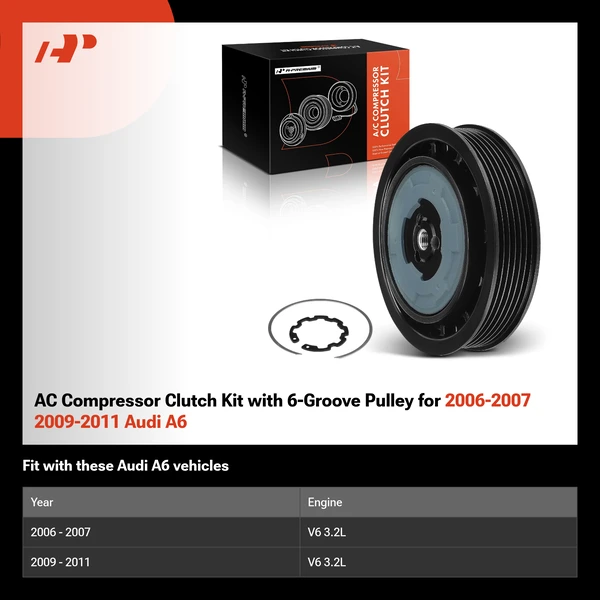 AC Compressor Clutch Kit with 6-Groove Pulley for 2006-2007 2009-2011 Audi A6