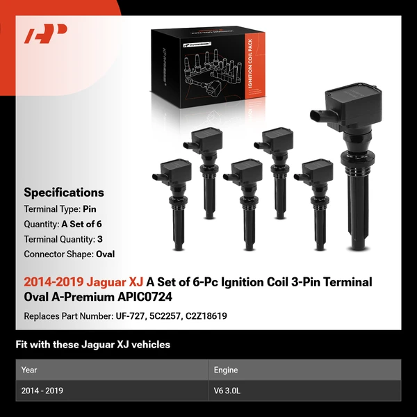 2014-2019 Jaguar XJ A Set of 6-Pc Ignition Coil 3-Pin Terminal Oval A-Premium APIC0724