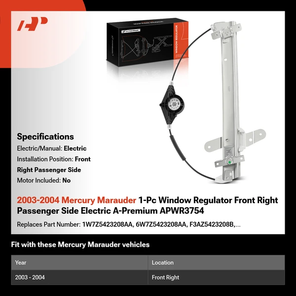 2003-2004 Mercury Marauder 1-Pc Window Regulator Front Right Passenger Side Electric A-Premium APWR3754