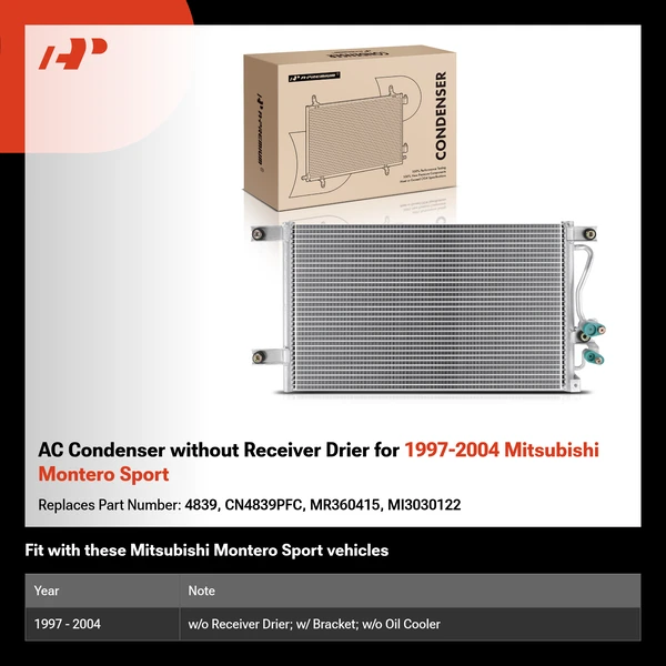 AC Condenser without Receiver Drier for 1997-2004 Mitsubishi Montero Sport