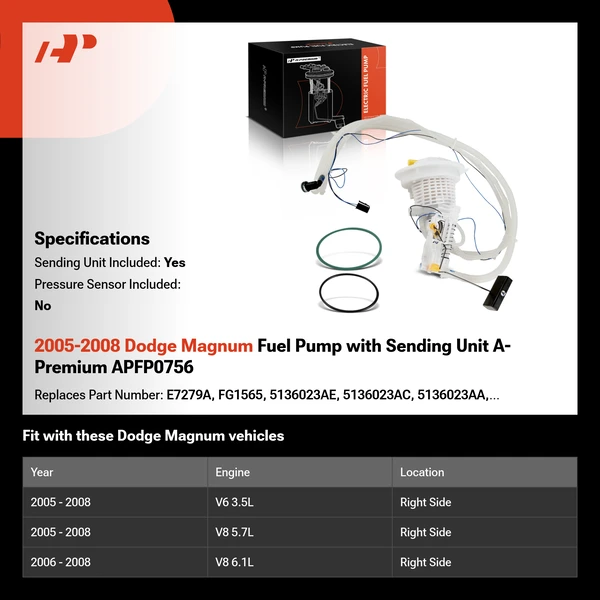 2005-2008 Dodge Magnum Fuel Pump with Sending Unit A-Premium APFP0756