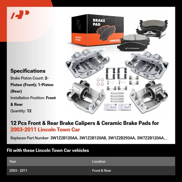 12 Pcs Front & Rear Brake Calipers & Ceramic Brake Pads for 2003-2011 Lincoln Town Car