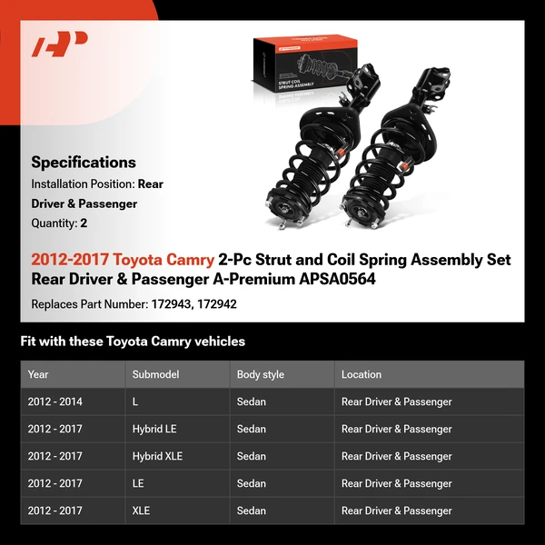 2012-2017 Toyota Camry 2-Pc Strut and Coil Spring Assembly Set Rear Driver & Passenger A-Premium APSA0564