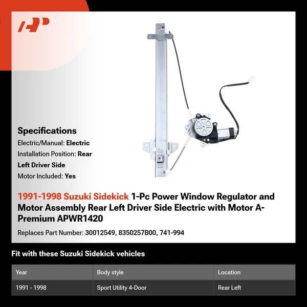 1991-1998 Suzuki Sidekick 1-Pc Power Window Regulator and Motor Assembly Rear Left Driver Side Electric with Motor A-Premium APWR1420