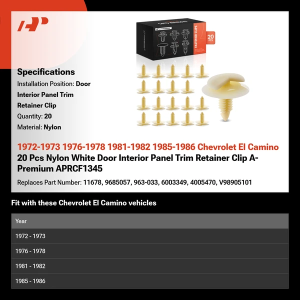 1972-1973 1976-1978 1981-1982 1985-1986 Chevrolet El Camino 20 Pcs Nylon White Door Interior Panel Trim Retainer Clip A-Premium APRCF1345
