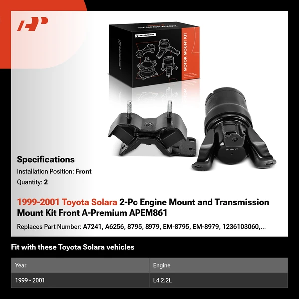 1999-2001 Toyota Solara 2-Pc Engine Mount and Transmission Mount Kit Front A-Premium APEM861