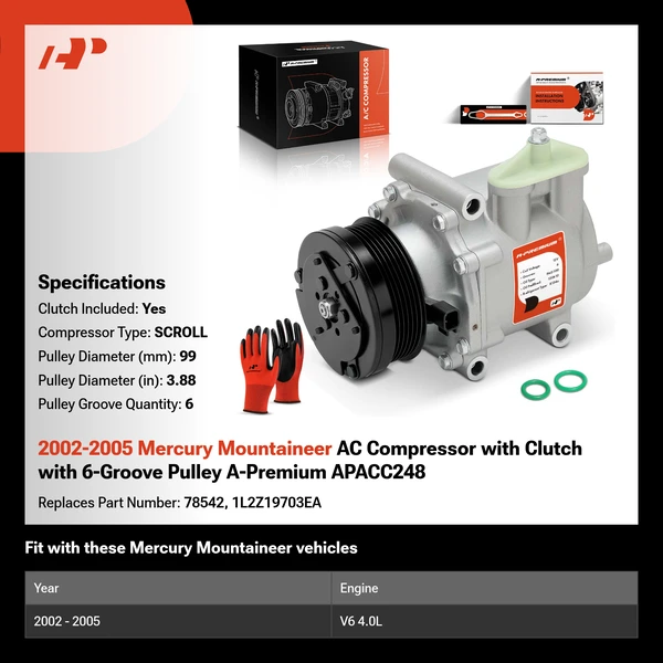 2002-2005 Mercury Mountaineer AC Compressor with Clutch with 6-Groove Pulley A-Premium APACC248