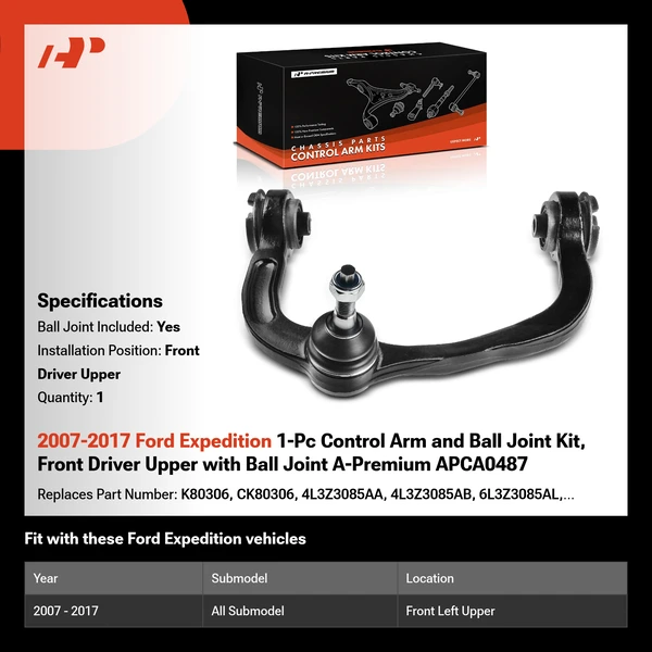 2007-2017 Ford Expedition 1-Pc Control Arm and Ball Joint Kit, Front Driver Upper with Ball Joint A-Premium APCA0487