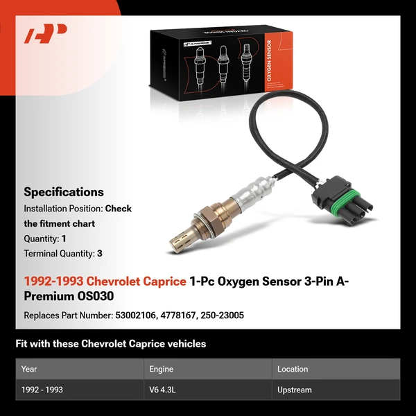 1992-1993 Chevrolet Caprice 1-Pc Oxygen Sensor 3-Pin A-Premium OS030