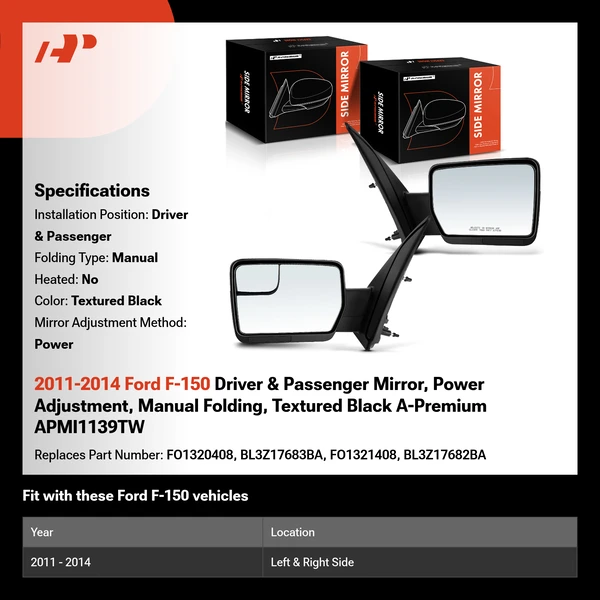 2011-2014 Ford F-150 Driver & Passenger Mirror, Power Adjustment, Manual Folding, Textured Black A-Premium APMI1139TW
