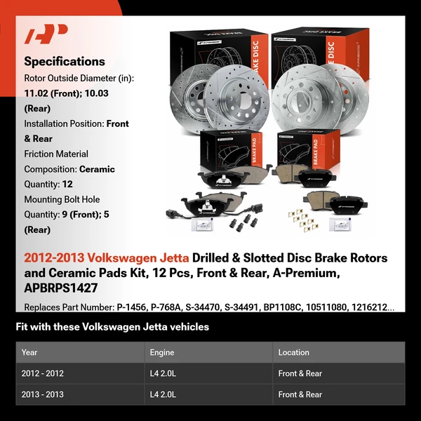 2012-2013 Volkswagen Jetta Drilled & Slotted Disc Brake Rotors and Ceramic Pads Kit, 12 Pcs, Front & Rear, A-Premium, APBRPS1427