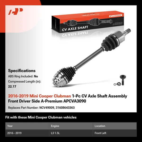 2016-2019 Mini Cooper Clubman 1-Pc CV Axle Shaft Assembly Front Driver Side A-Premium APCVA3090