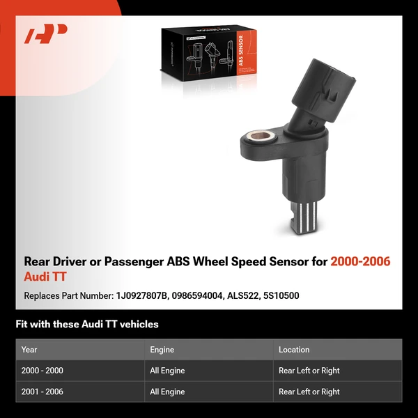 Rear Driver or Passenger ABS Wheel Speed Sensor for 2000-2006 Audi TT
