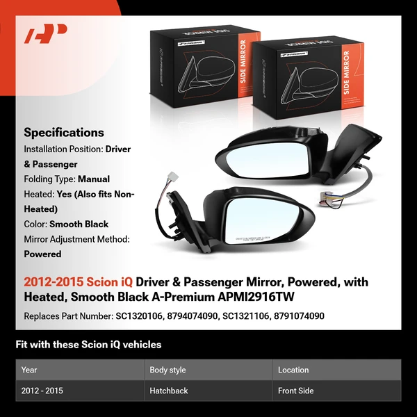 2012-2015 Scion iQ Driver & Passenger Mirror, Powered, with Heated, Smooth Black A-Premium APMI2916TW