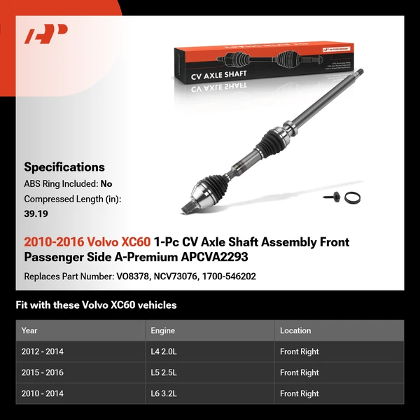 2010-2016 Volvo XC60 1-Pc CV Axle Shaft Assembly Front Passenger Side A-Premium APCVA2293