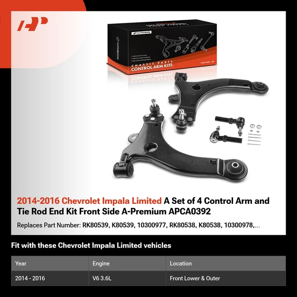2014-2016 Chevrolet Impala Limited A Set of 4 Control Arm and Tie Rod End Kit Front Side A-Premium APCA0392
