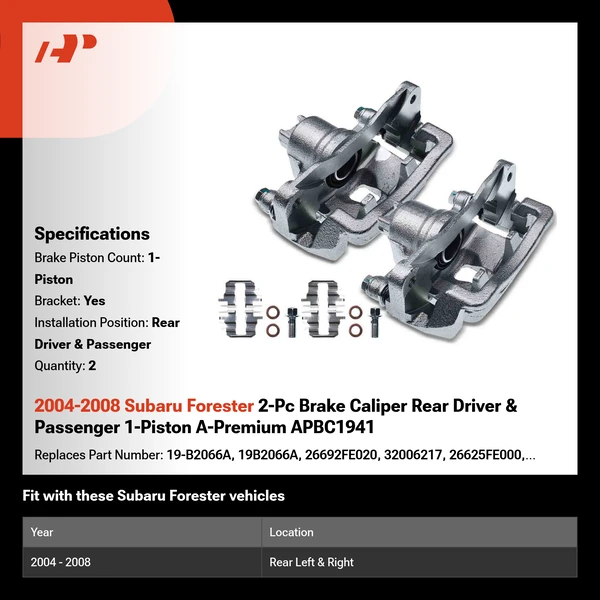 2004-2008 Subaru Forester 2-Pc Brake Caliper Rear Driver & Passenger 1-Piston A-Premium APBC1941