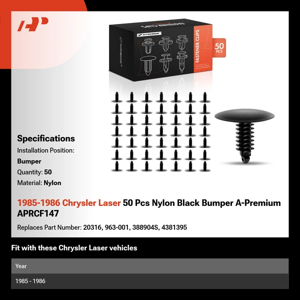 1985-1986 Chrysler Laser 50 Pcs Nylon Black Bumper A-Premium APRCF147
