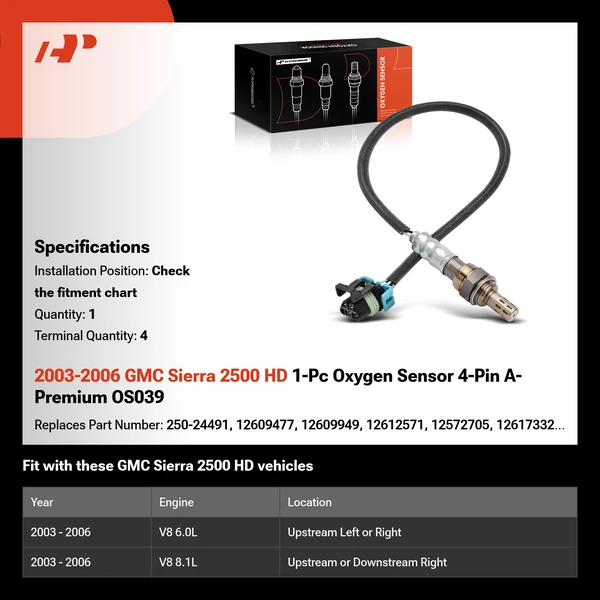 2003-2006 GMC Sierra 2500 HD 1-Pc Oxygen Sensor 4-Pin A-Premium OS039