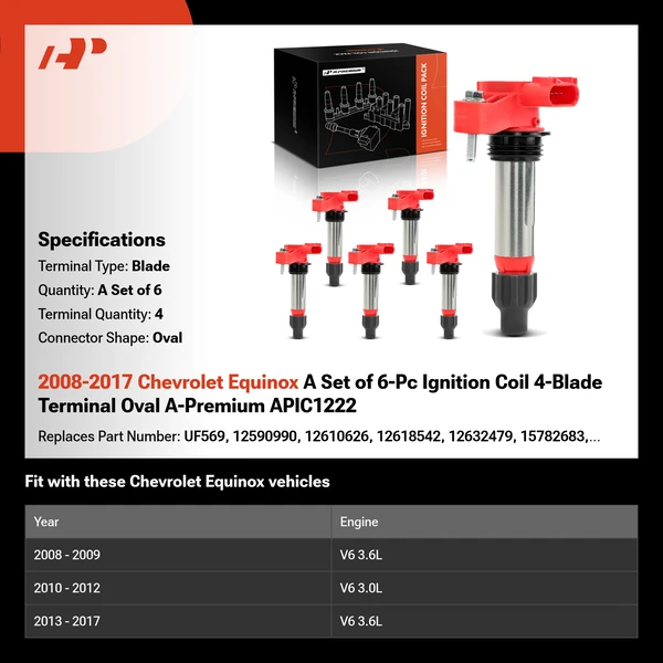 2008-2017 Chevrolet Equinox A Set of 6-Pc Ignition Coil 4-Blade Terminal Oval A-Premium APIC1222