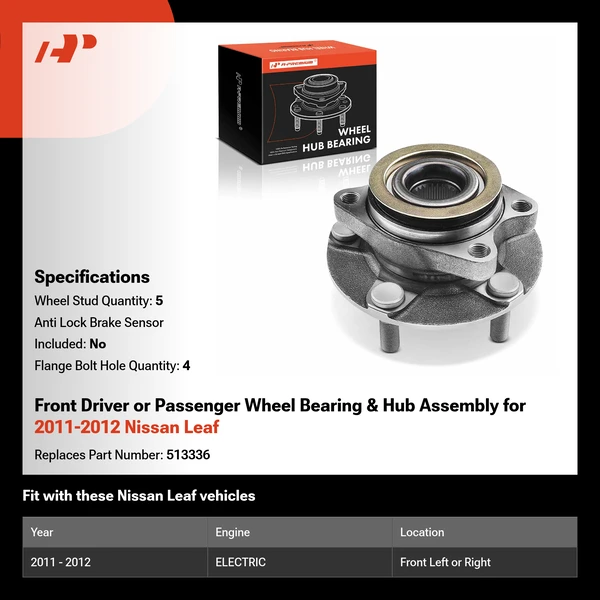 Front Driver or Passenger Wheel Bearing & Hub Assembly for 2011-2012 Nissan Leaf