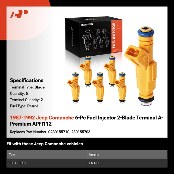 1987-1992 Jeep Comanche 6-Pc Fuel Injector 2-Blade Terminal A-Premium APFI112