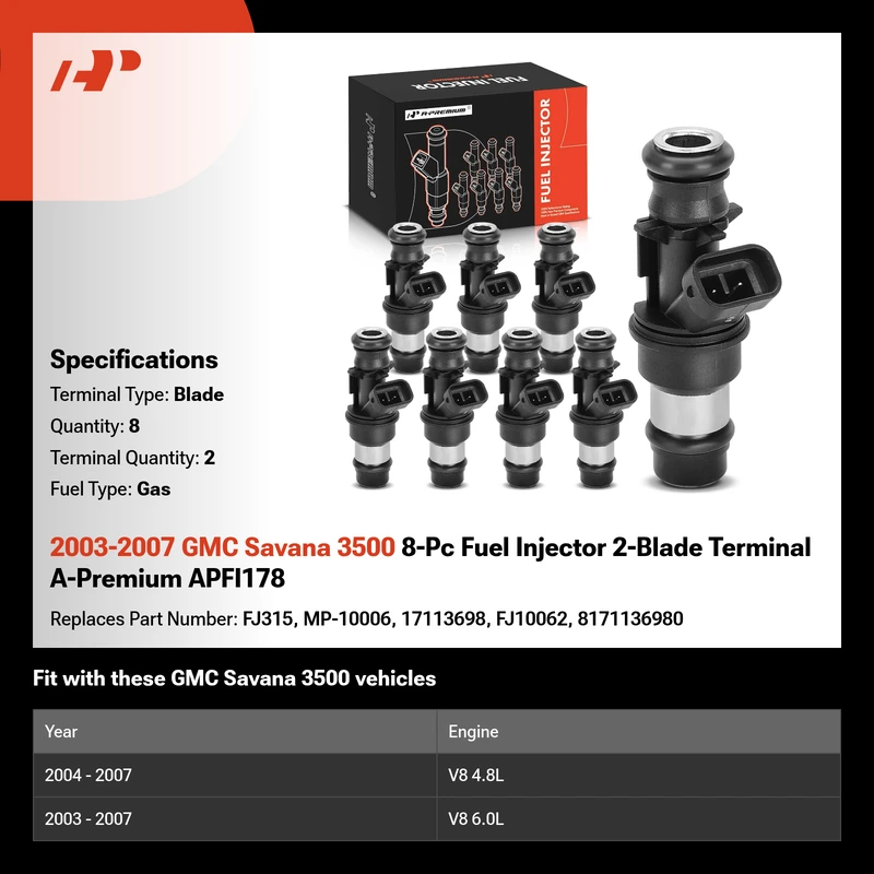 2003-2007 GMC Savana 3500 8-Pc Fuel Injector 2-Blade Terminal A-Premium APFI178