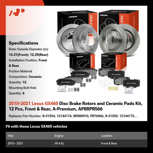 2010-2021 Lexus GX460 Disc Brake Rotors and Ceramic Pads Kit, 12 Pcs, Front & Rear, A-Premium, APBRPR566