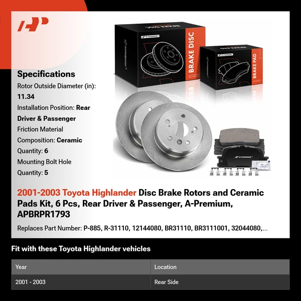 2001-2003 Toyota Highlander Disc Brake Rotors and Ceramic Pads Kit, 6 Pcs, Rear Driver & Passenger, A-Premium, APBRPR1793