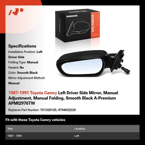 1987-1991 Toyota Camry Left Driver Side Mirror, Manual Adjustment, Manual Folding, Smooth Black A-Premium APMI2976TW