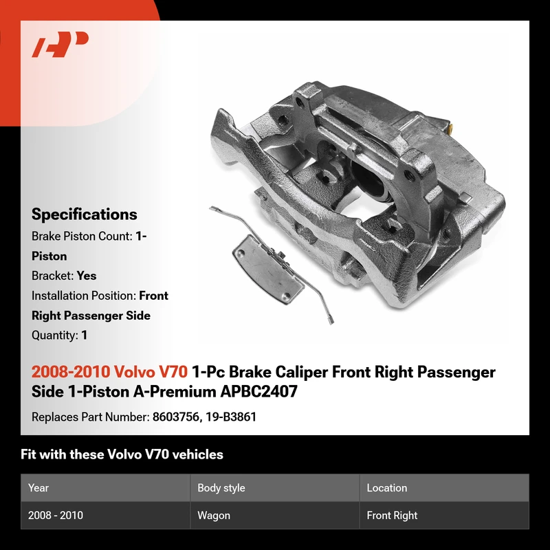 2008-2010 Volvo V70 1-Pc Brake Caliper Front Right Passenger Side 1-Piston A-Premium APBC2407