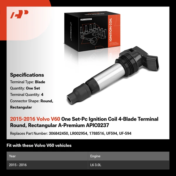 2015-2016 Volvo V60 One Set-Pc Ignition Coil 4-Blade Terminal Round, Rectangular A-Premium APIC0237