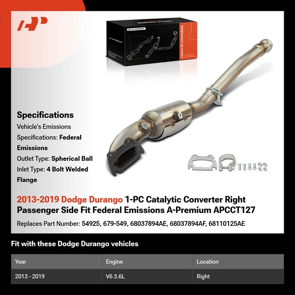 2013-2019 Dodge Durango 1-PC Catalytic Converter Right Passenger Side Fit Federal Emissions A-Premium APCCT127