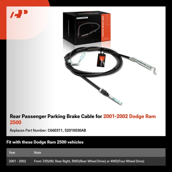 Rear Passenger Parking Brake Cable for 2001-2002 Dodge Ram 2500